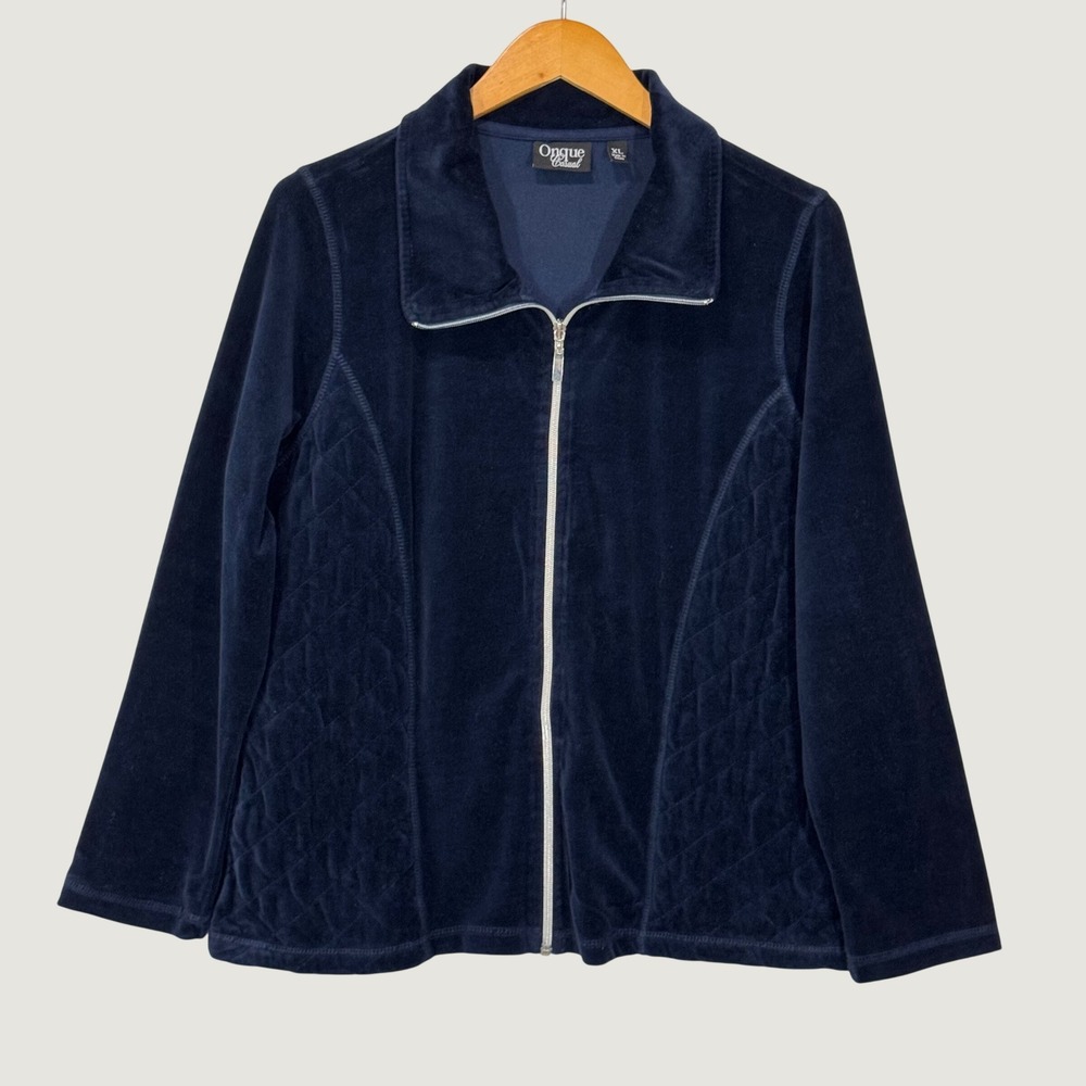 Onque Casual Jacket Women XL Navy Blue Velour Full Zip Quilted Side Soft Comfy